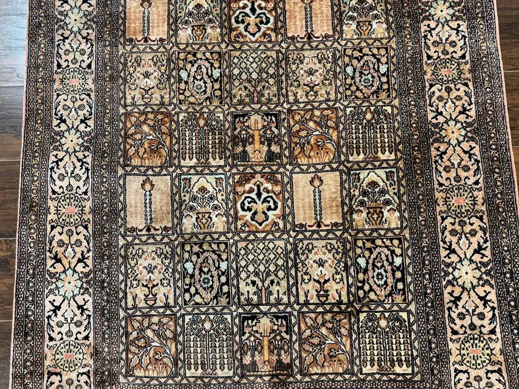 Indian Kashmiri Silk Rug 4x6, Panel Design, Multicolor, Fine by Jewel Rugs