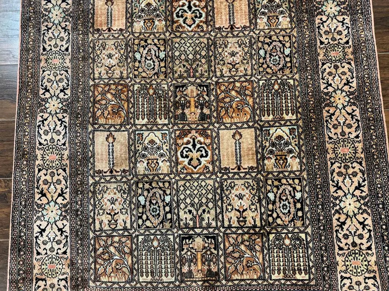 Indian Kashmiri Silk Rug 4x6, Panel Design, Multicolor, Fine by Jewel Rugs