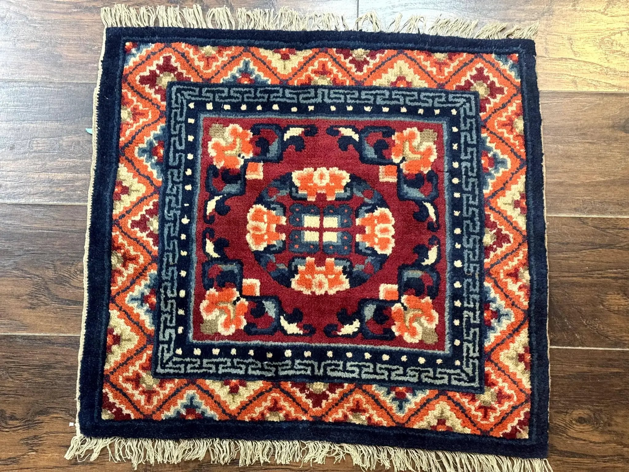 Small Antique Chinese Square Rug 2x3, Tibetan Rug, Red Orange Blue, 1920s Rug by Jewel Rugs