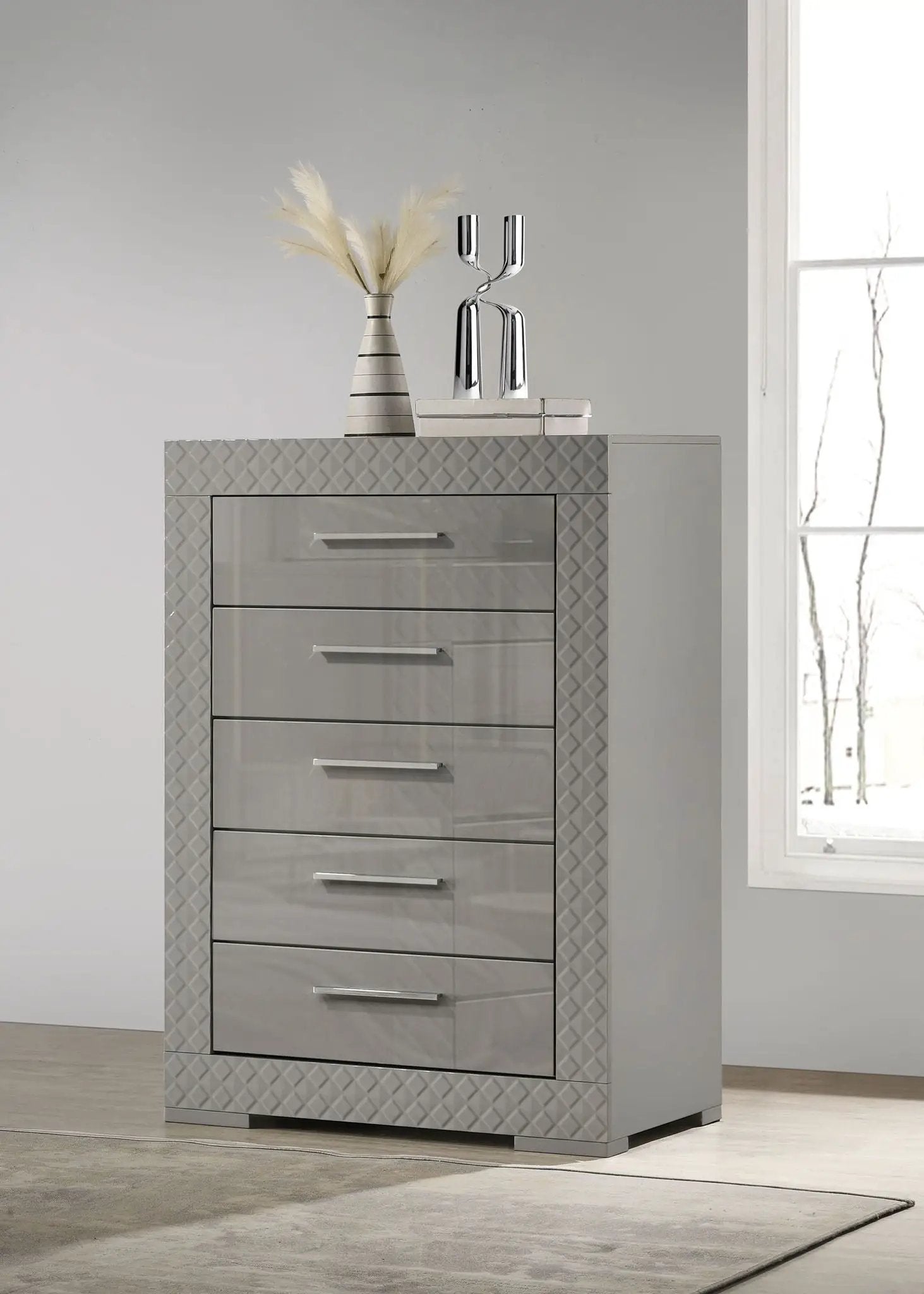 Ives 5-drawer Bedroom Chest of Drawers Grey High Gloss by Unique Piece Furniture