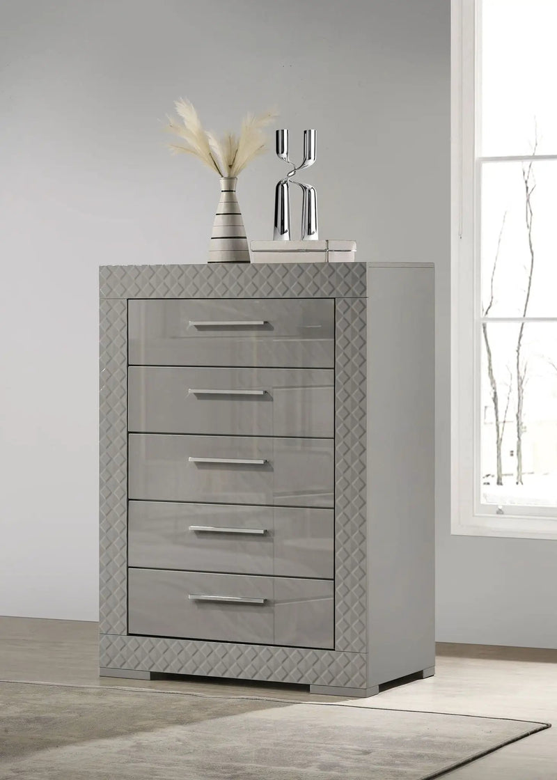 Ives 5-drawer Bedroom Chest of Drawers Grey High Gloss by Unique Piece Furniture