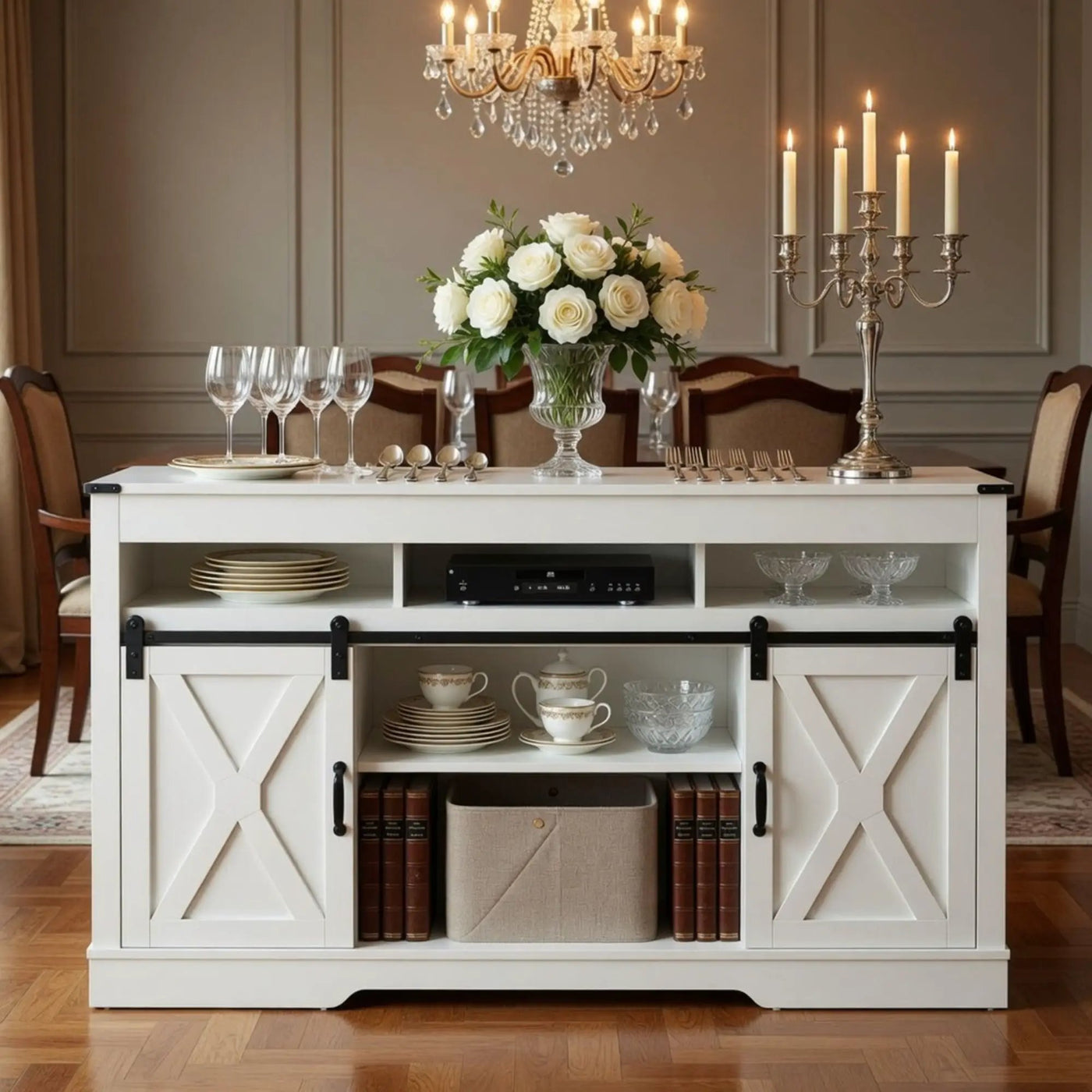Farmhouse TV Stand With Sliding Barn Doors & Adjustable Storage by HouseOfZazla