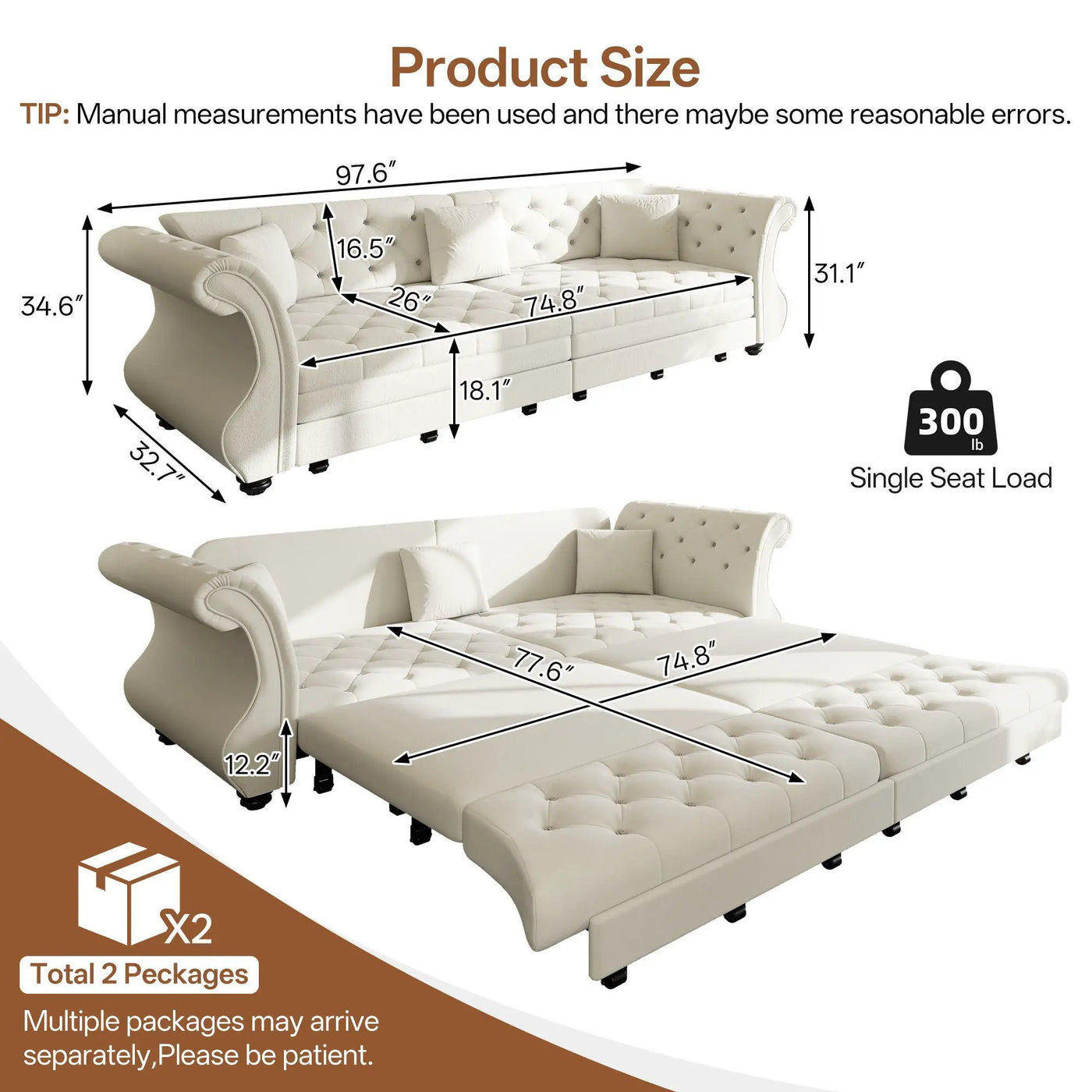 Oversized Chesterfield Pull Out Sofa Bed, Roll Arm Couch With Flower Tufting For Living Room by HouseOfZazla