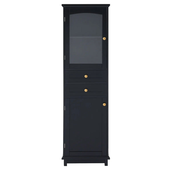 Tall Bathroom Storage Cabinet With Glass Doors, Free-Standing, Two Drawers, And Adjustable Shelves, Board, Painted Perfect For Displaying Your Favorite Items