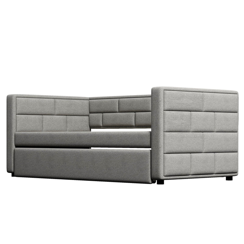 Upholstered Twin Size Daybed With Trundle, Padded Back And Sides - Gray by HouseOfZazla
