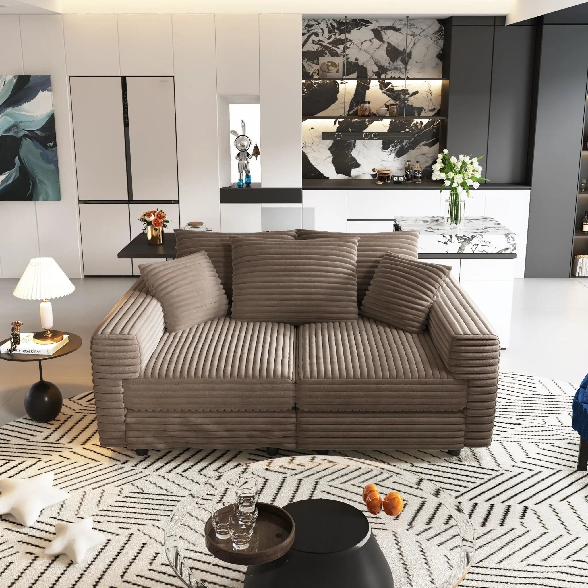 Deep Seat Convertible Sofa With Soft Pillows And Ottomans