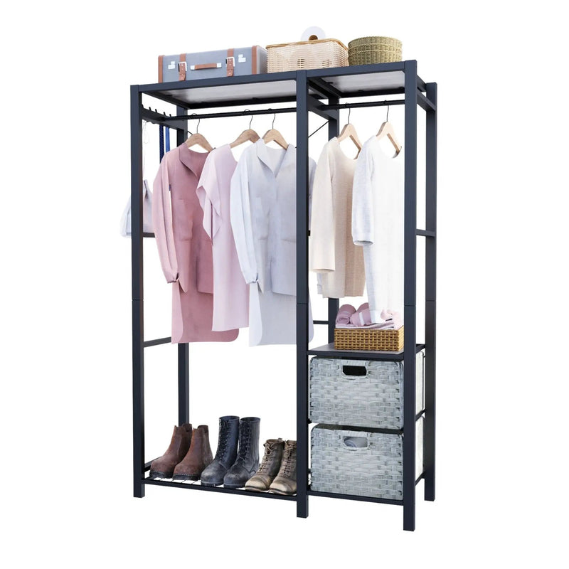 Garment Rack With Shelves, 2 Wicker Drawers, 4 Hooks, Organizer by Unique Piece Furniture