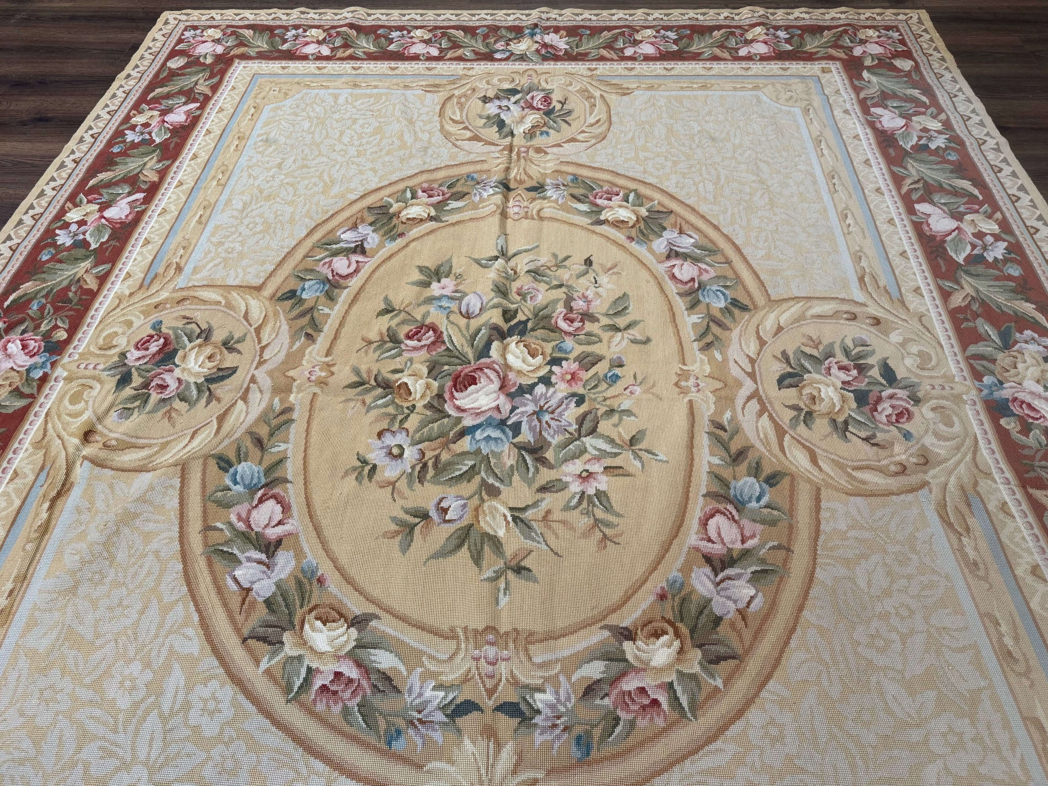 Needlepoint Rug 8x10, Aubusson Savonnerie European Carpet, Floral, Elegant by Jewel Rugs