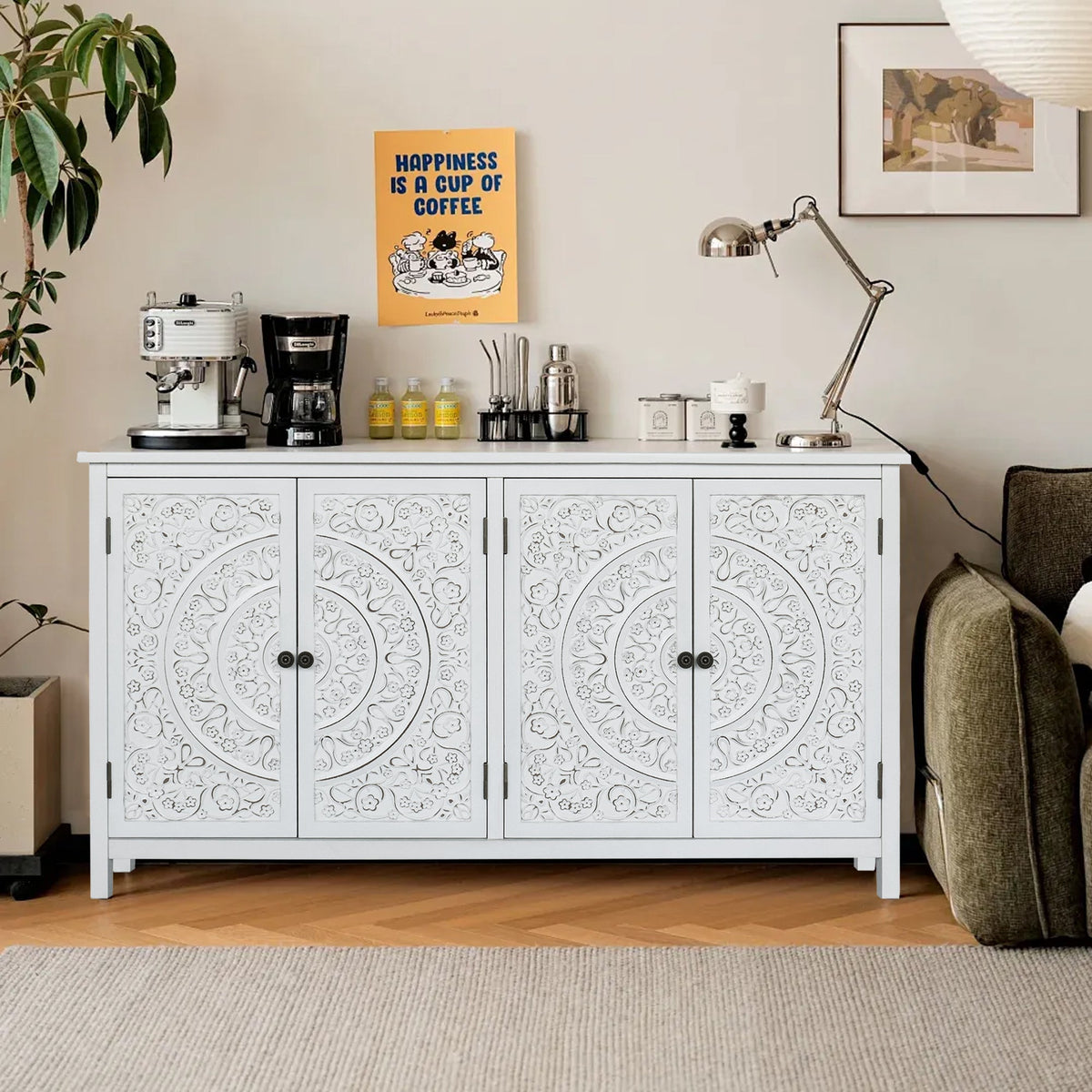 60" White Accent Cabinet with 4 Doors - Rustic Wood Sideboard for Home Organization, photo 4 of 10