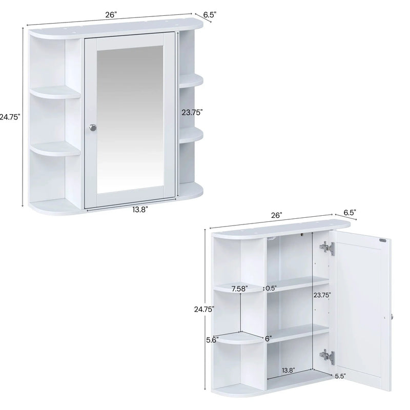 Bathroom Wall Storage Cabinet With Mirror And Adjustable Shelf, 6 Open Shelves by HouseOfZazla