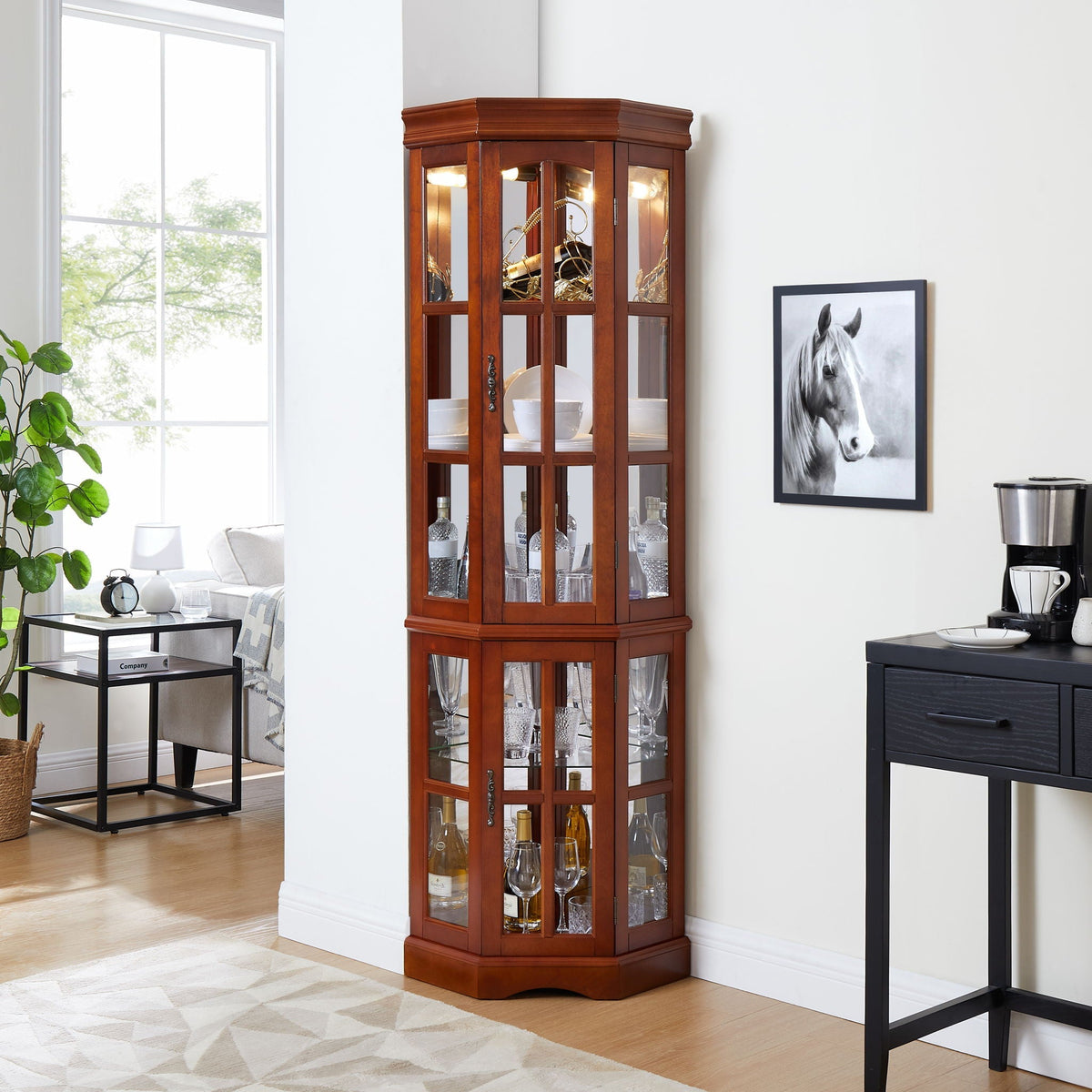Corner Curio Cabinet with 5 Shelves and Lighting System - Dark Brown or Light Brown, photo 4 of 8