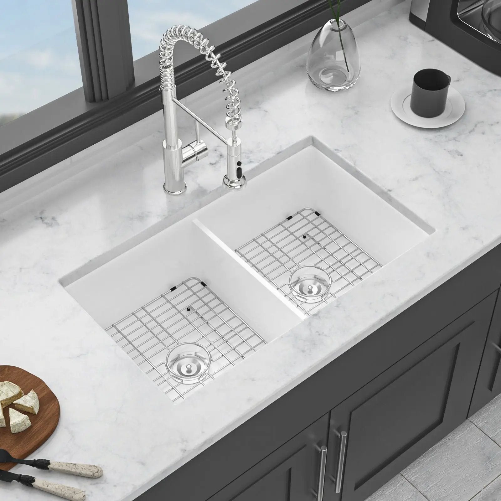 Elegant Dual Mount 32" Undermount Double Bowl Ceramic Kitchen Sink - White by HouseOfZazla