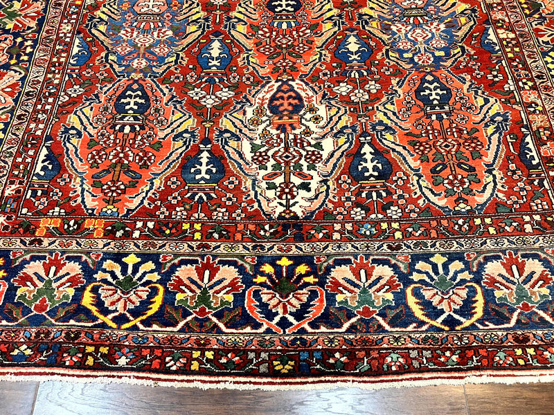 Large Persian Bakhtiari Rug 10x14, Rare Perisan Tribal Rug, Red Blue Ivory Multicolor, Hand Knotted, Semi Antique Carpet by Jewel Rugs