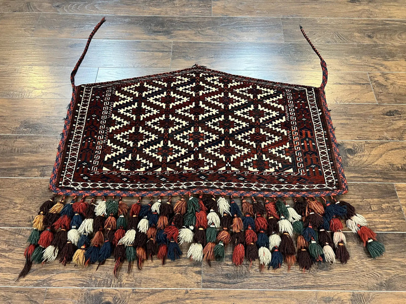 Antique Turkoman Camel Trapping, Turkoman Asmalyk, Red Black Ivory, Handmade, Hand Knotted Tribal Collectible Rug, Rare by Jewel Rugs