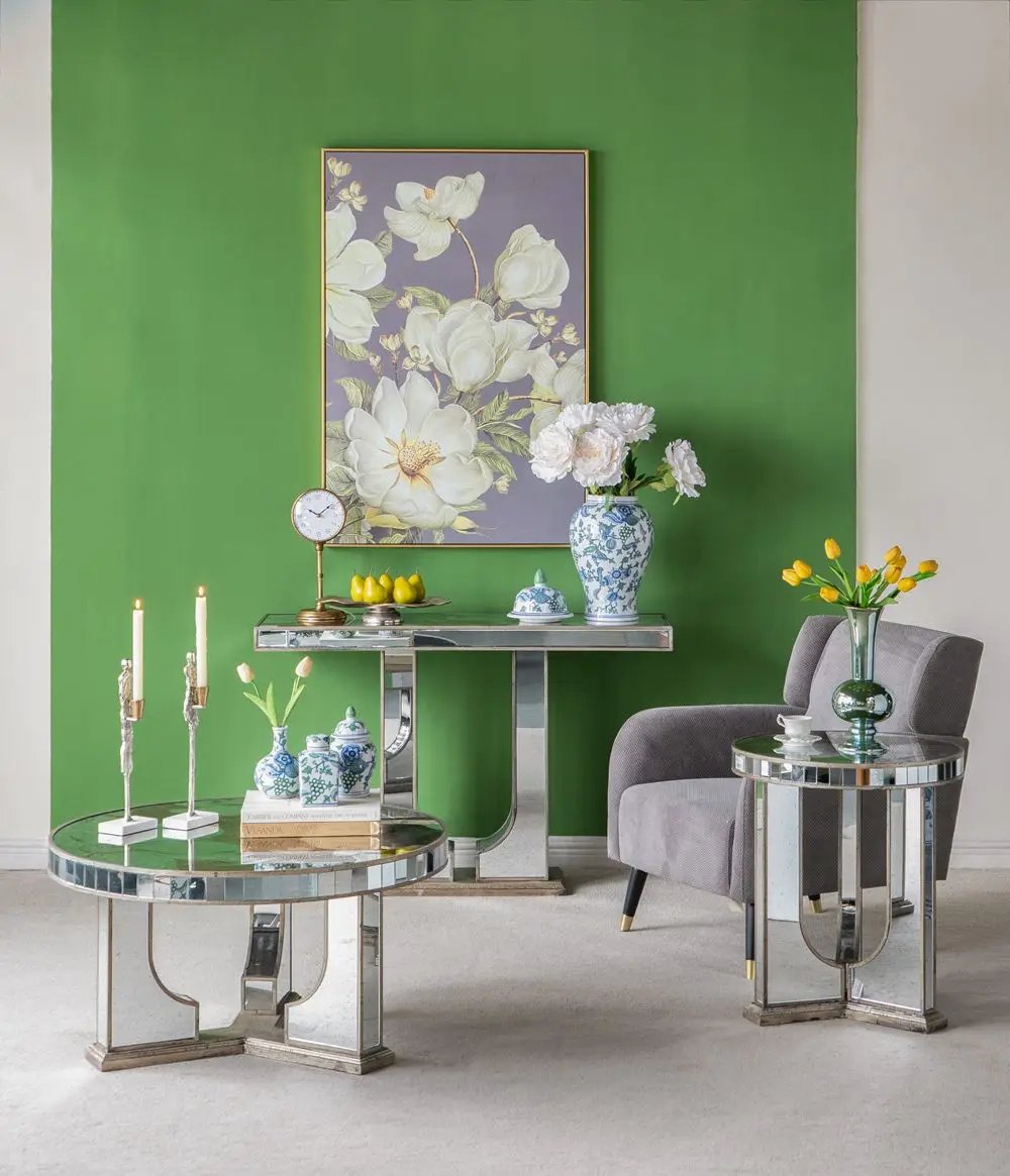 Round Table With Elegant Foral Design And Mirrored by Unique Piece Furniture