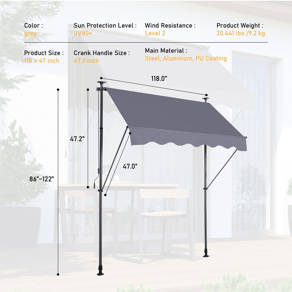 Manual Retractable Patio Awning With UV Resistant Sun Shade, photo 6 of 8