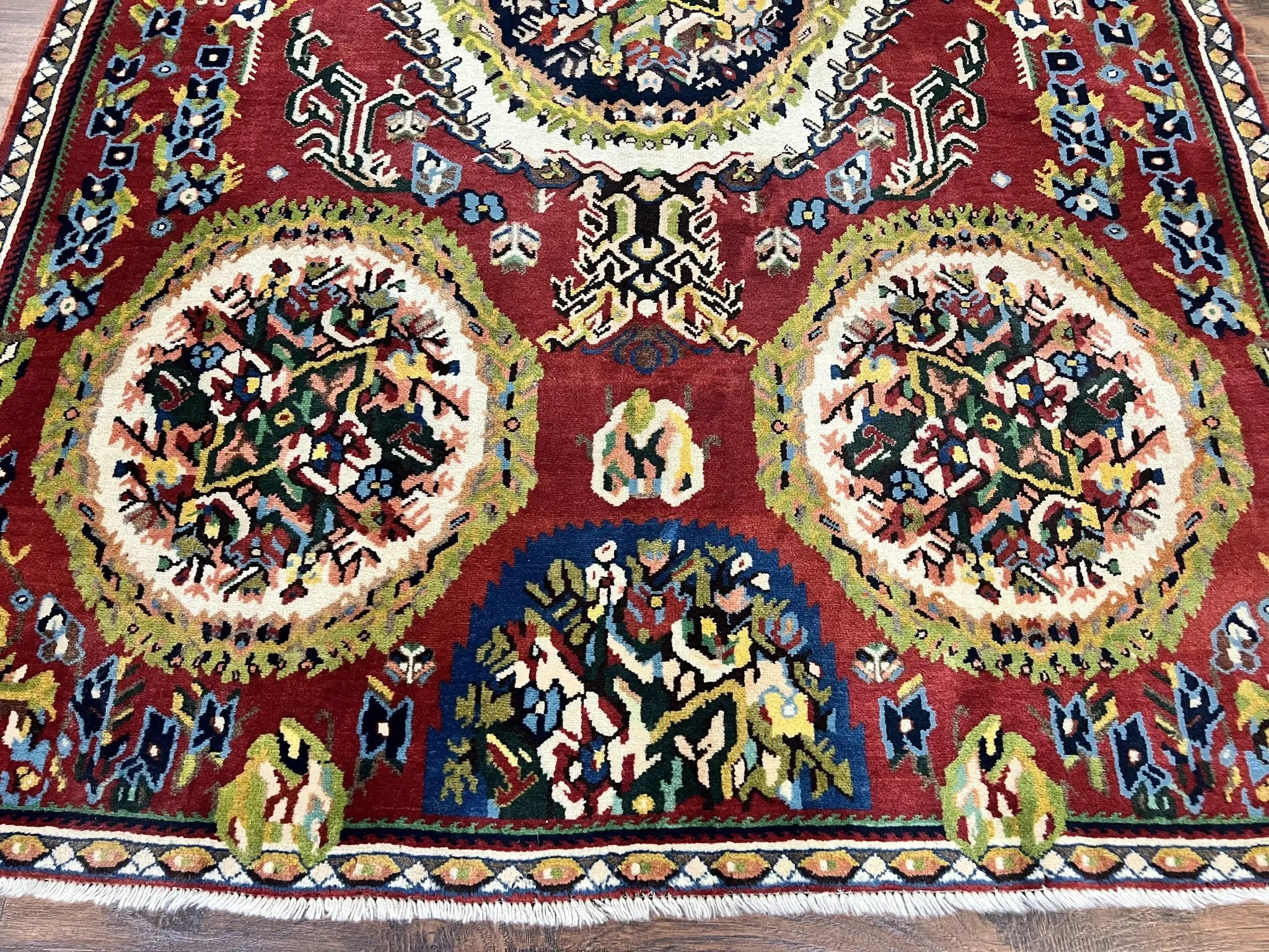 Persian Bakhtiari Rug 5x8, Wool Hand Knotted Antique Carpet, Red, Floral Oriental Rug, 5 x 8 Medium Sized Rug by Jewel Rugs