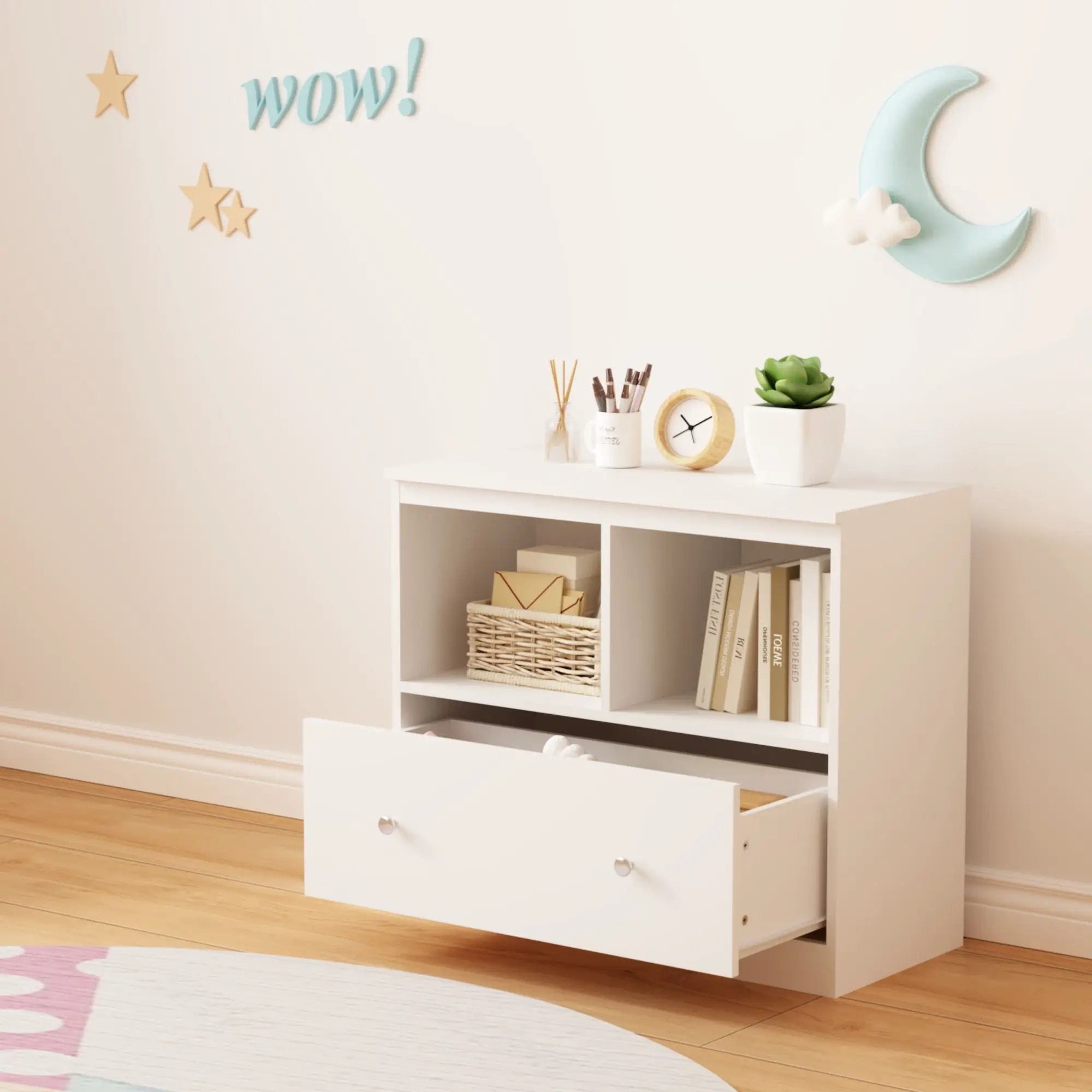 Toy Storage Organizer With Large Drawer And Low Bookshelf For Nursery & Playroom - White by Unique Piece Furniture
