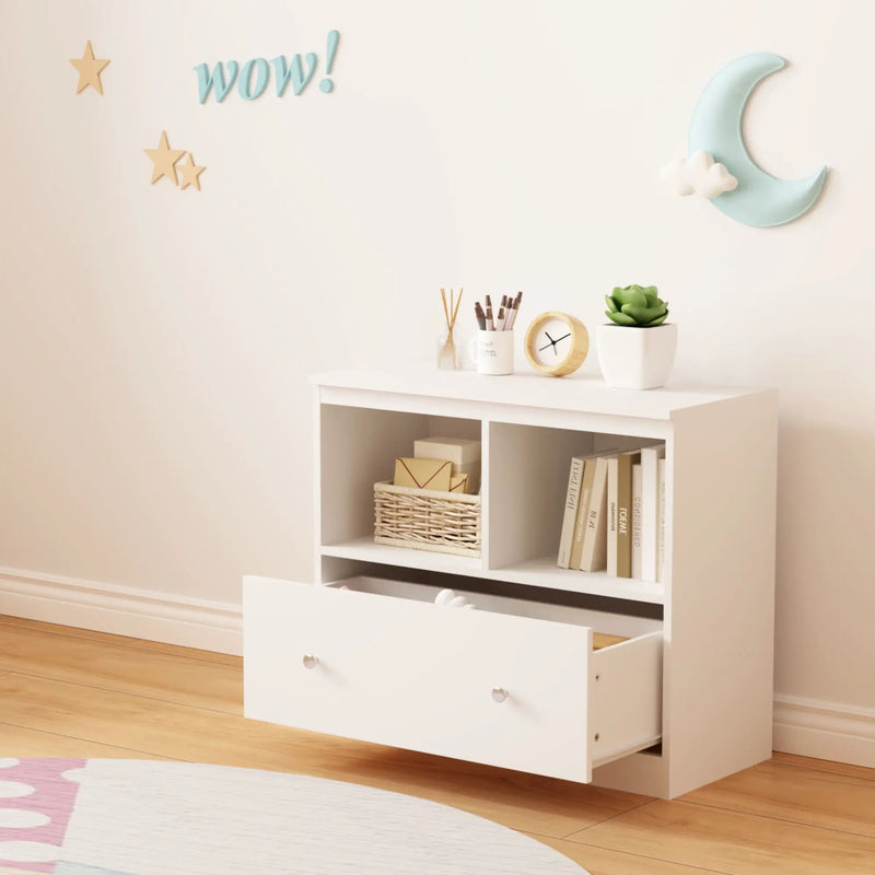 Toy Storage Organizer With Large Drawer And Low Bookshelf For Nursery & Playroom - White by HouseOfZazla