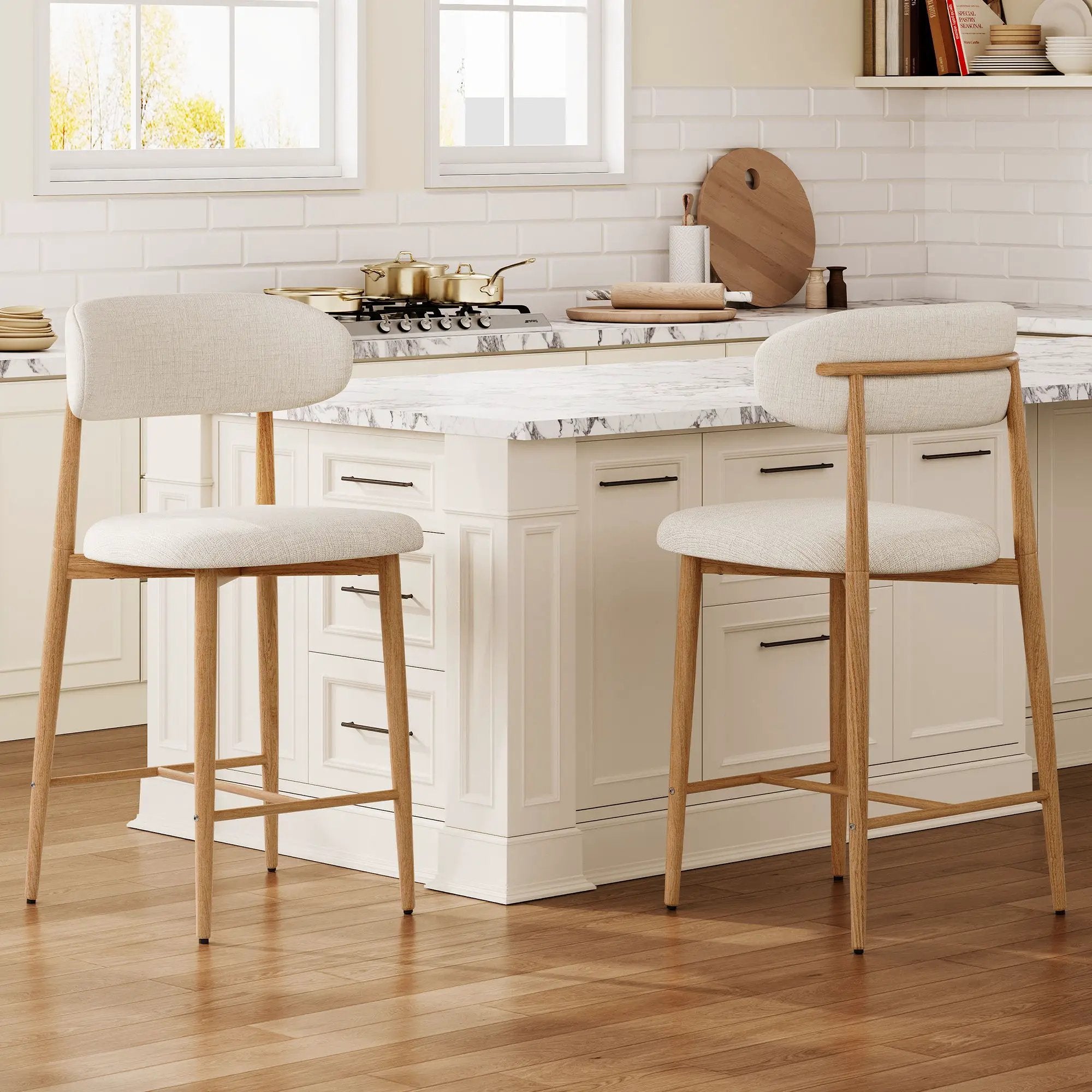 Upholstered Counter Height Bar Stools For Kitchen Island (Set of 2) - Beige by HouseOfZazla