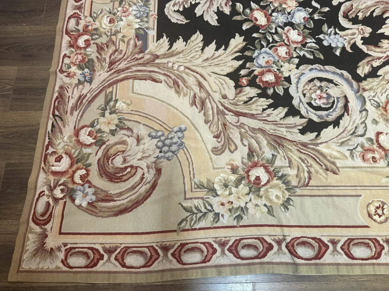 Wonderful Needlepoint Rug 10x14, Large Aubusson Carpet, Floral, Elegant, European Design by Jewel Rugs