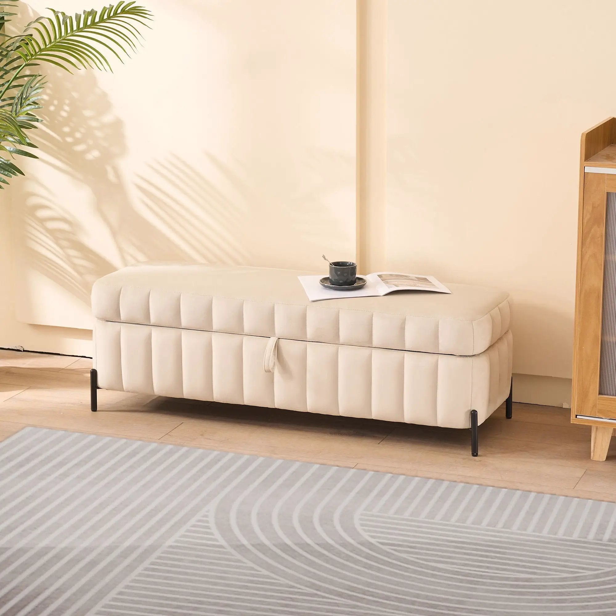 Wide Upholstered Storage Soft Bench Ottoman With Metal Legs by Unique Piece Furniture