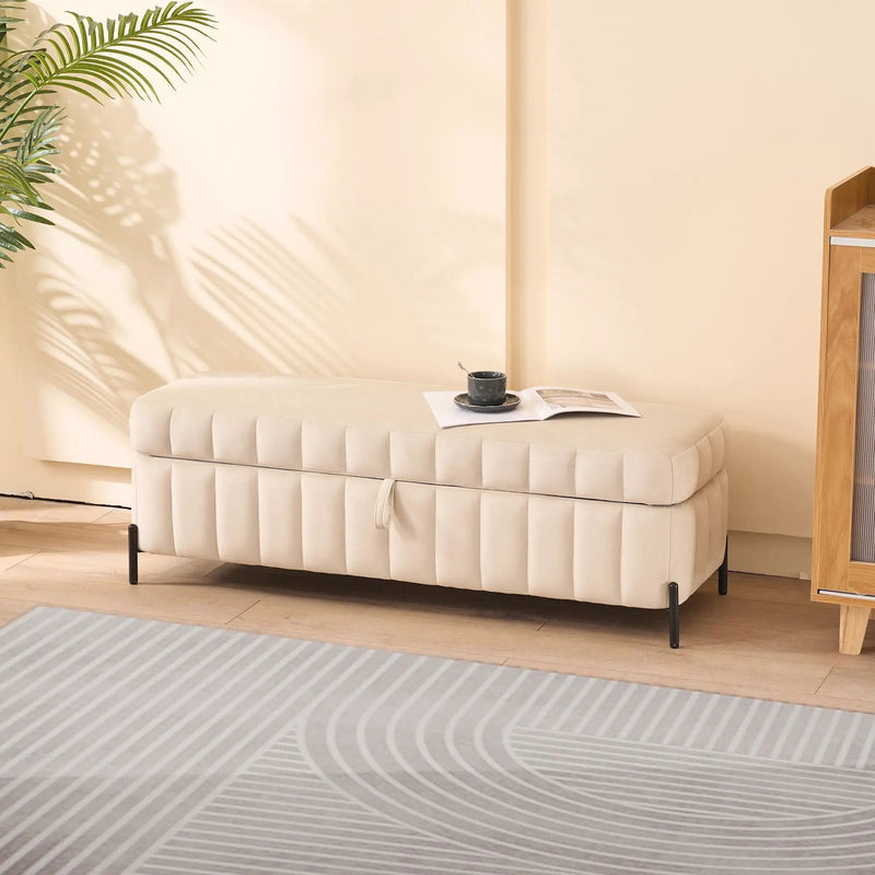 Wide Upholstered Storage Soft Bench Ottoman With Metal Legs by HouseOfZazla