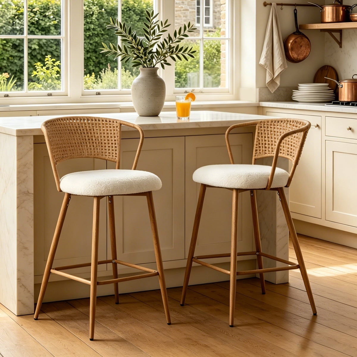 Modern Upholstered Bar Stools with Rattan Backrest Set of 2 - Metal Legs, photo 3 of 8