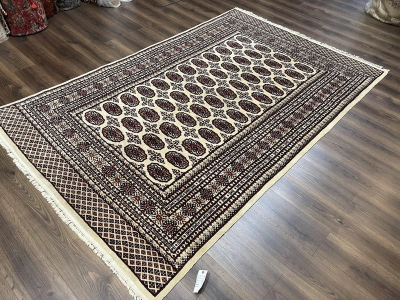 Pakistani Turkoman Rug 6x9, Cream and Red Hand Knotted Wool Oriental Carpet, Yamud Rug, Tribal Rug 6 x 9, Bohemian Area Rug, Bokhara Rug by Jewel Rugs