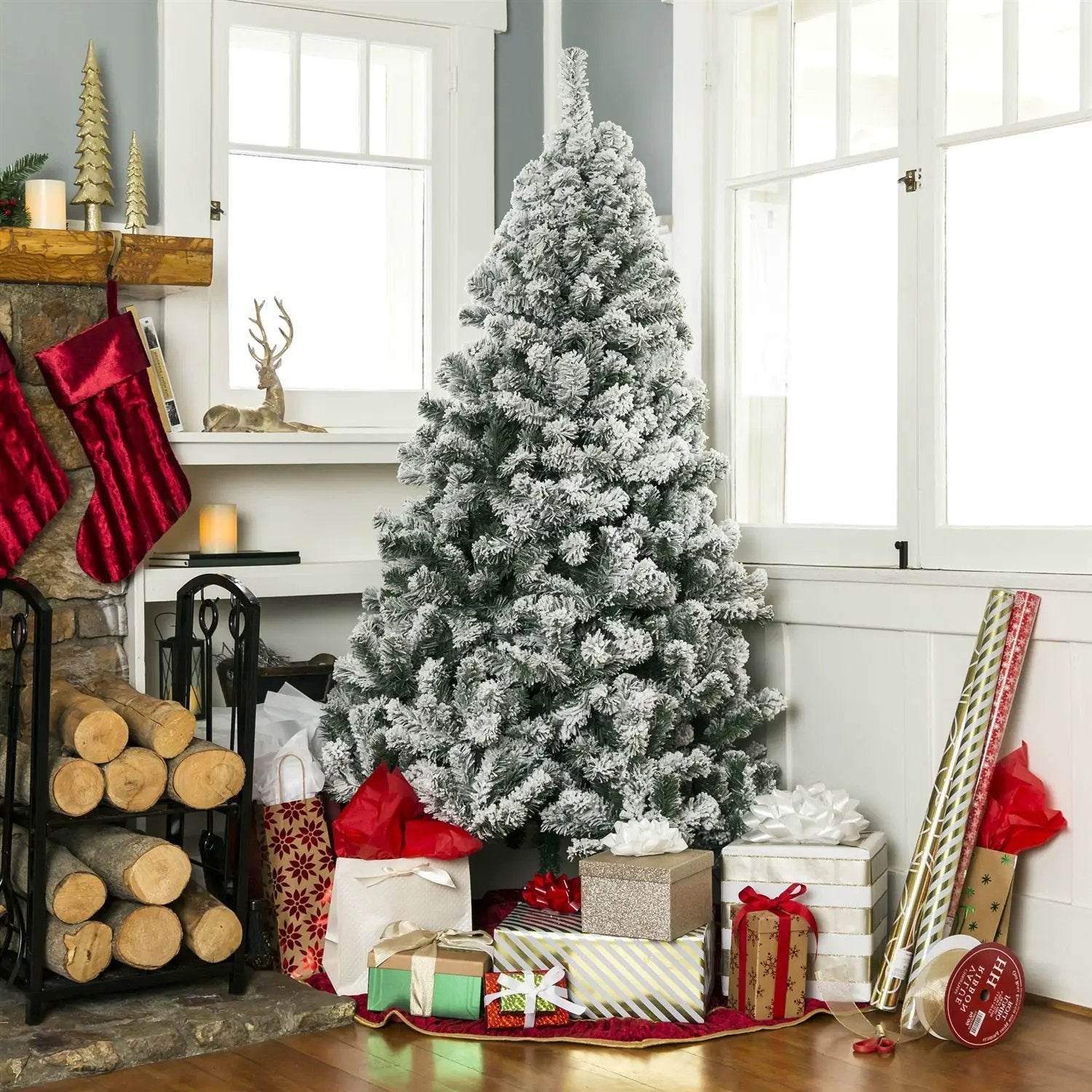 7.5 Foot Easy Set Up Snow Flocked Faux Pine Christmas Tree with Metal Stand by HomePacific