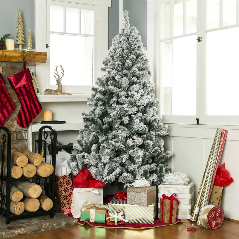 7.5 Foot Easy Set Up Snow Flocked Faux Pine Christmas Tree with Metal Stand by HomePacific