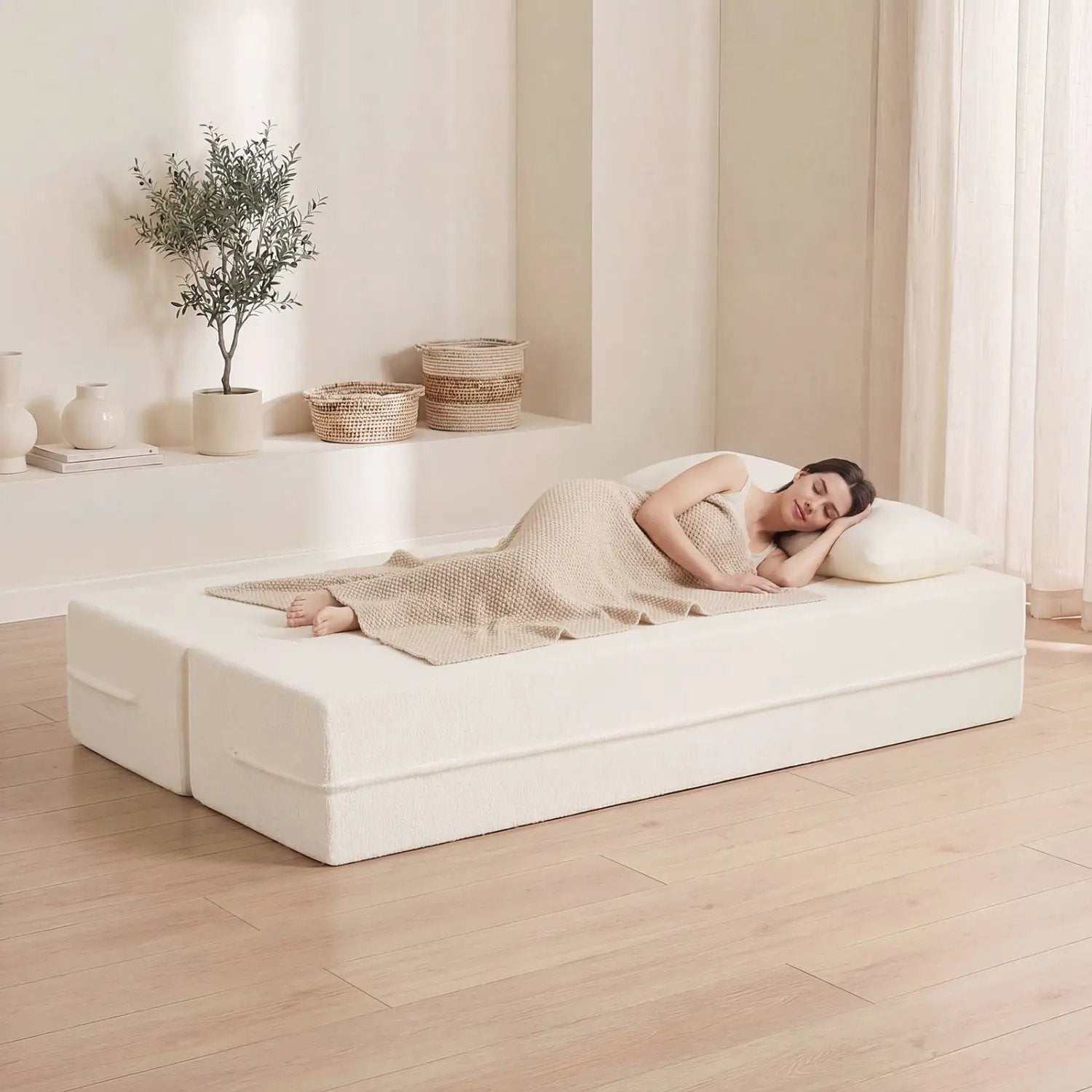 75.5 inch Folding Sofa Bed 2-in-1 Convertible Teddy Fleece Floor Loveseat with 2 Comfortable Pillows by DirectDeals