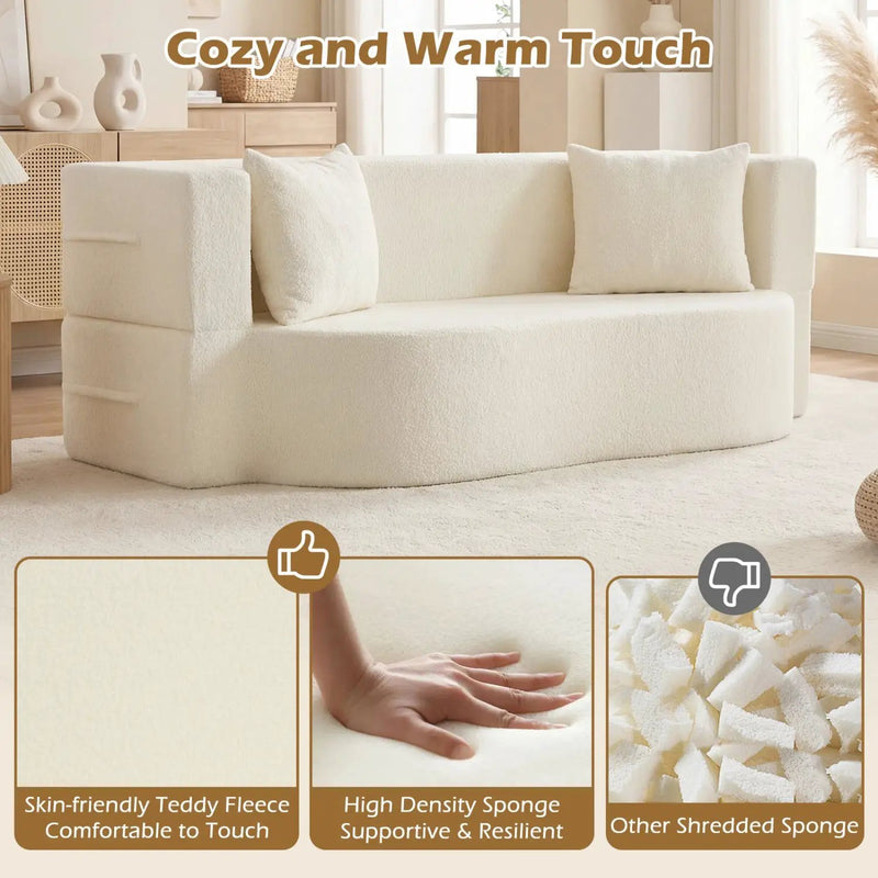 75.5 inch Folding Sofa Bed 2-in-1 Convertible Teddy Fleece Floor Loveseat with 2 Comfortable Pillows by DirectDeals