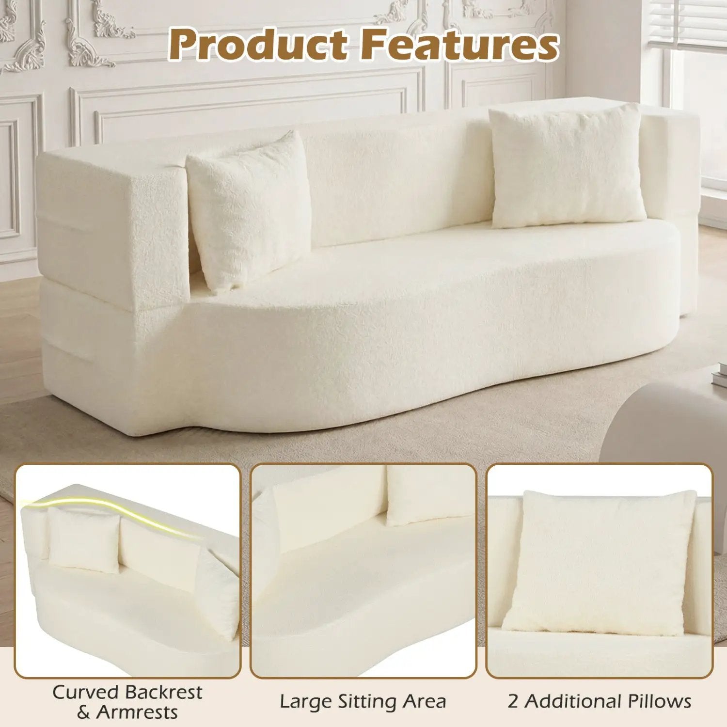 75.5 inch Folding Sofa Bed 2-in-1 Convertible Teddy Fleece Floor Loveseat with 2 Comfortable Pillows by DirectDeals
