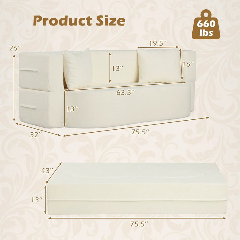 75.5 inch Folding Sofa Bed 2-in-1 Convertible Teddy Fleece Floor Loveseat with 2 Comfortable Pillows by DirectDeals