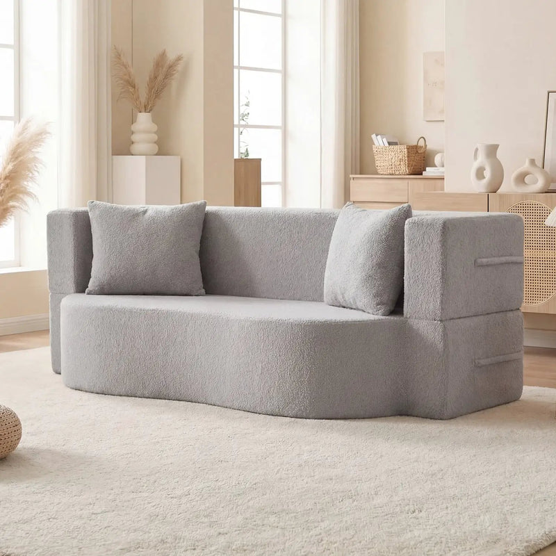 75.5 inch Folding Sofa Bed 2-in-1 Convertible Teddy Fleece Floor Loveseat with 2 Comfortable Pillows by DirectDeals