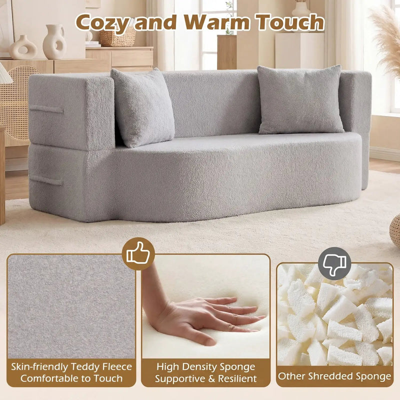 75.5 inch Folding Sofa Bed 2-in-1 Convertible Teddy Fleece Floor Loveseat with 2 Comfortable Pillows by DirectDeals