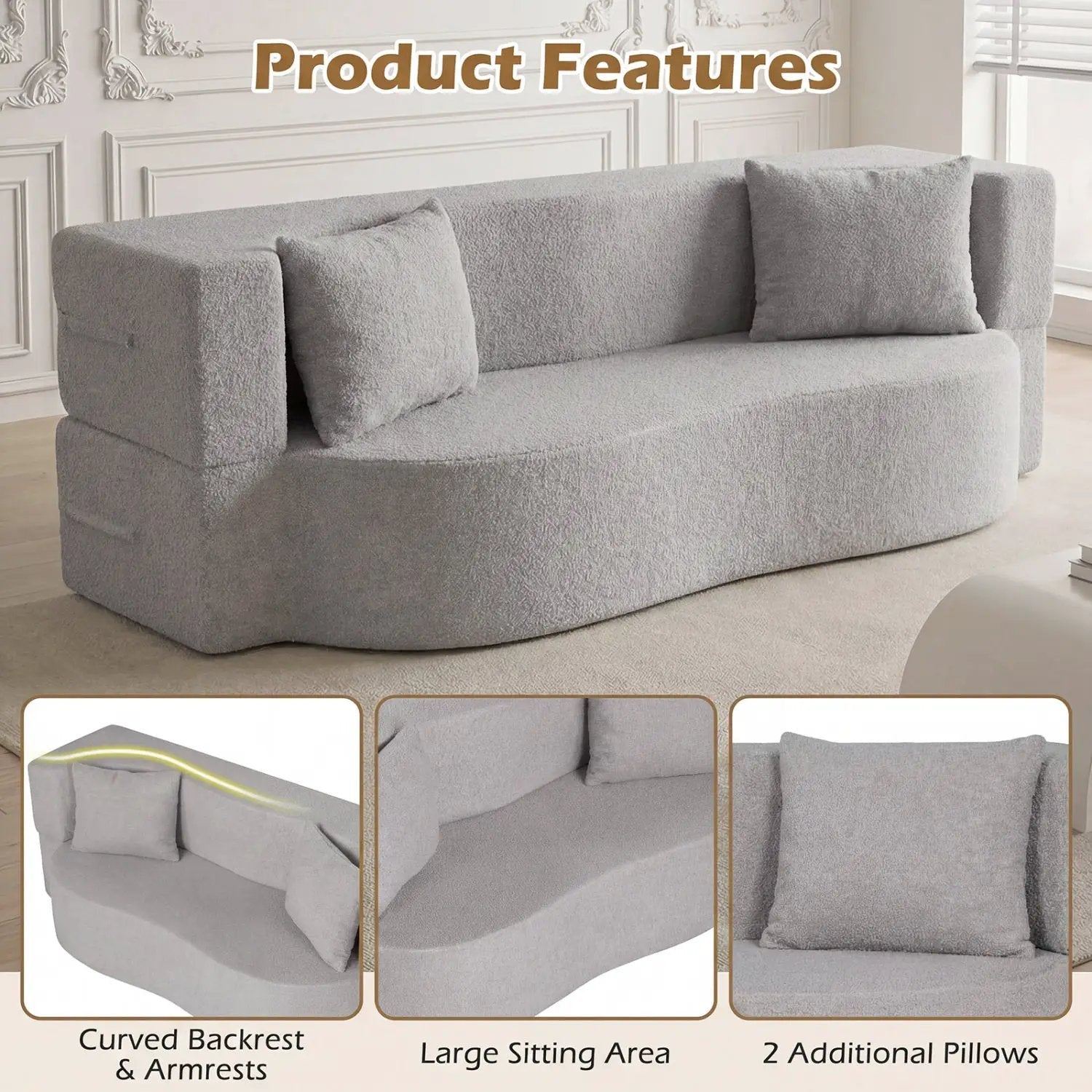75.5 inch Folding Sofa Bed 2-in-1 Convertible Teddy Fleece Floor Loveseat with 2 Comfortable Pillows by DirectDeals