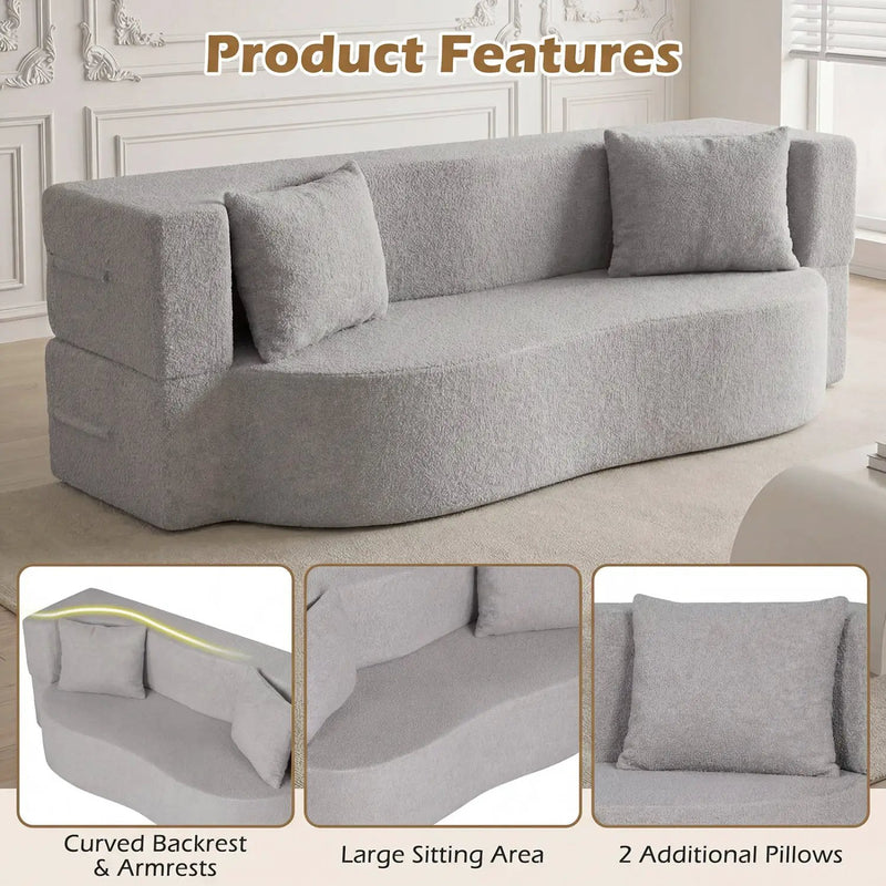 75.5 inch Folding Sofa Bed 2-in-1 Convertible Teddy Fleece Floor Loveseat with 2 Comfortable Pillows by DirectDeals