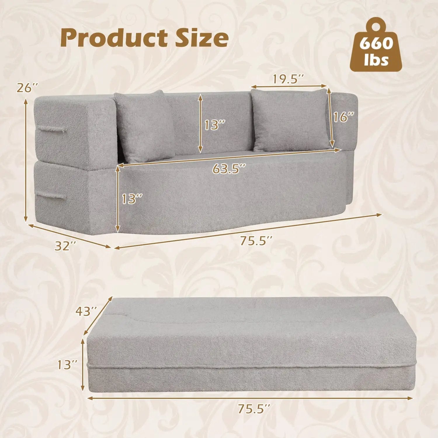 75.5 inch Folding Sofa Bed 2-in-1 Convertible Teddy Fleece Floor Loveseat with 2 Comfortable Pillows by DirectDeals