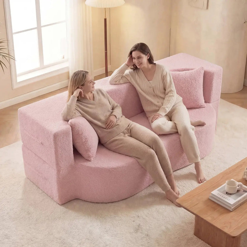75.5 inch Folding Sofa Bed 2-in-1 Convertible Teddy Fleece Floor Loveseat with 2 Comfortable Pillows by DirectDeals