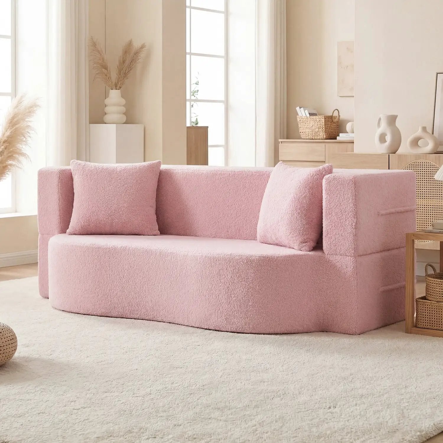75.5 inch Folding Sofa Bed 2-in-1 Convertible Teddy Fleece Floor Loveseat with 2 Comfortable Pillows by DirectDeals