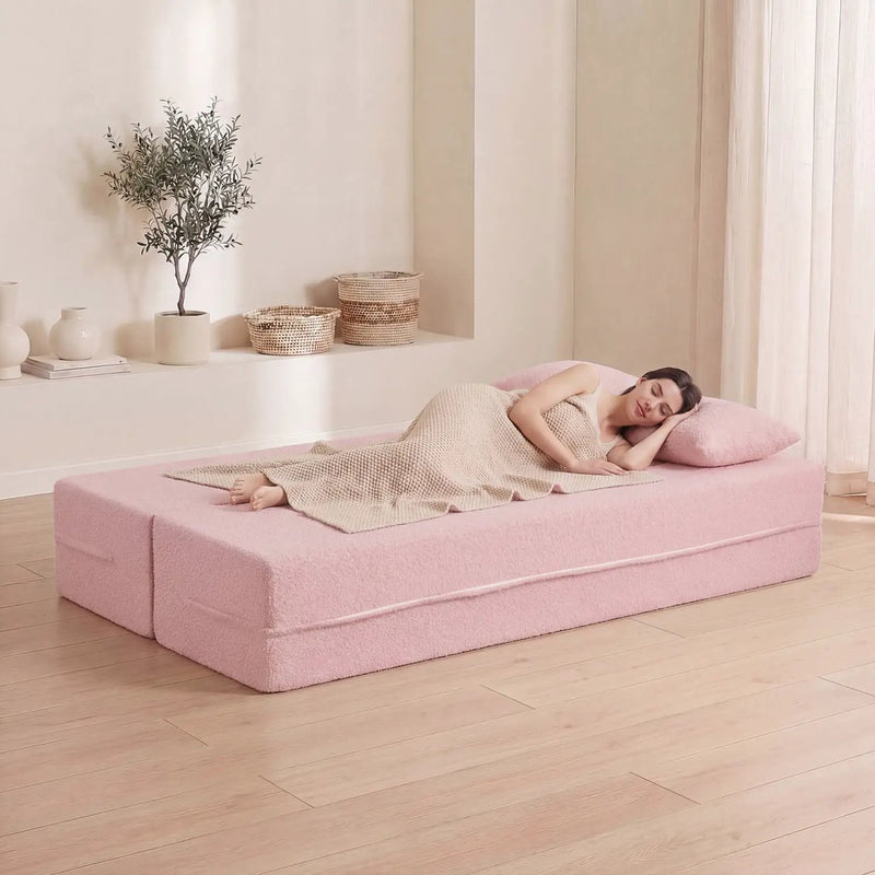 75.5 inch Folding Sofa Bed 2-in-1 Convertible Teddy Fleece Floor Loveseat with 2 Comfortable Pillows by DirectDeals