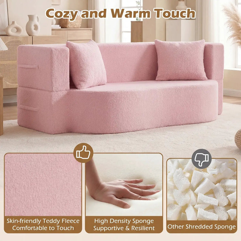75.5 inch Folding Sofa Bed 2-in-1 Convertible Teddy Fleece Floor Loveseat with 2 Comfortable Pillows by DirectDeals