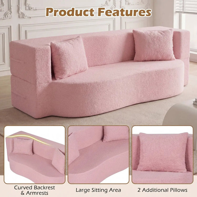 75.5 inch Folding Sofa Bed 2-in-1 Convertible Teddy Fleece Floor Loveseat with 2 Comfortable Pillows by DirectDeals