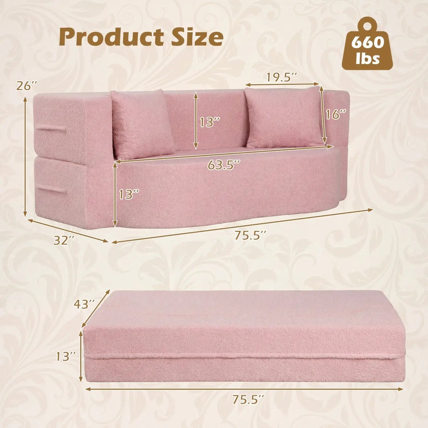 75.5 inch Folding Sofa Bed 2-in-1 Convertible Teddy Fleece Floor Loveseat with 2 Comfortable Pillows by DirectDeals