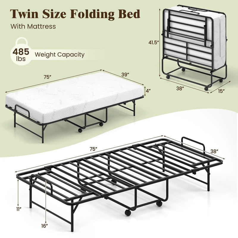75 x 38 Inch Folding Bed with Mattress Twin Size Rolling Guest Bed by DirectDeals