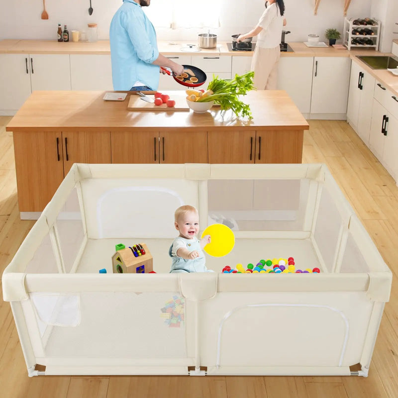 75 x 59 Inch Large Baby Playpen with Breathable Mesh and Zipper Doors-Beige by DirectDeals
