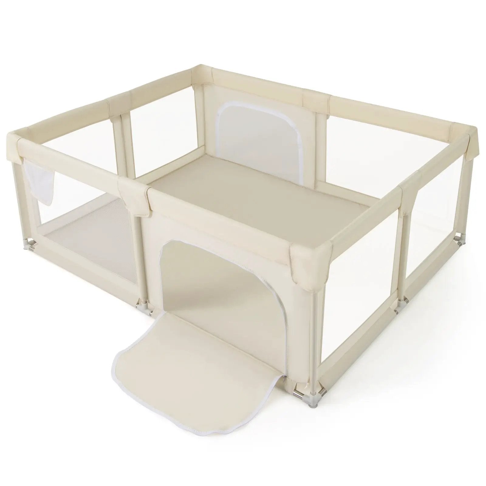75 x 59 Inch Large Baby Playpen with Breathable Mesh and Zipper Doors-Beige by DirectDeals