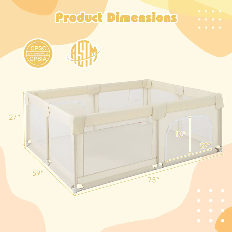 75 x 59 Inch Large Baby Playpen with Breathable Mesh and Zipper Doors-Beige by DirectDeals